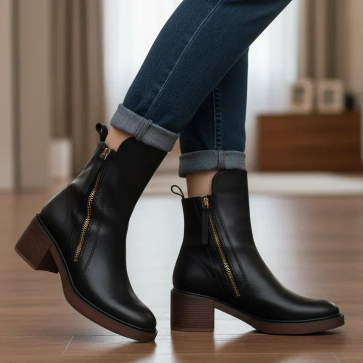 Valorine™ | Bota de piel negra con tacón cómodo, elegante y atemporal