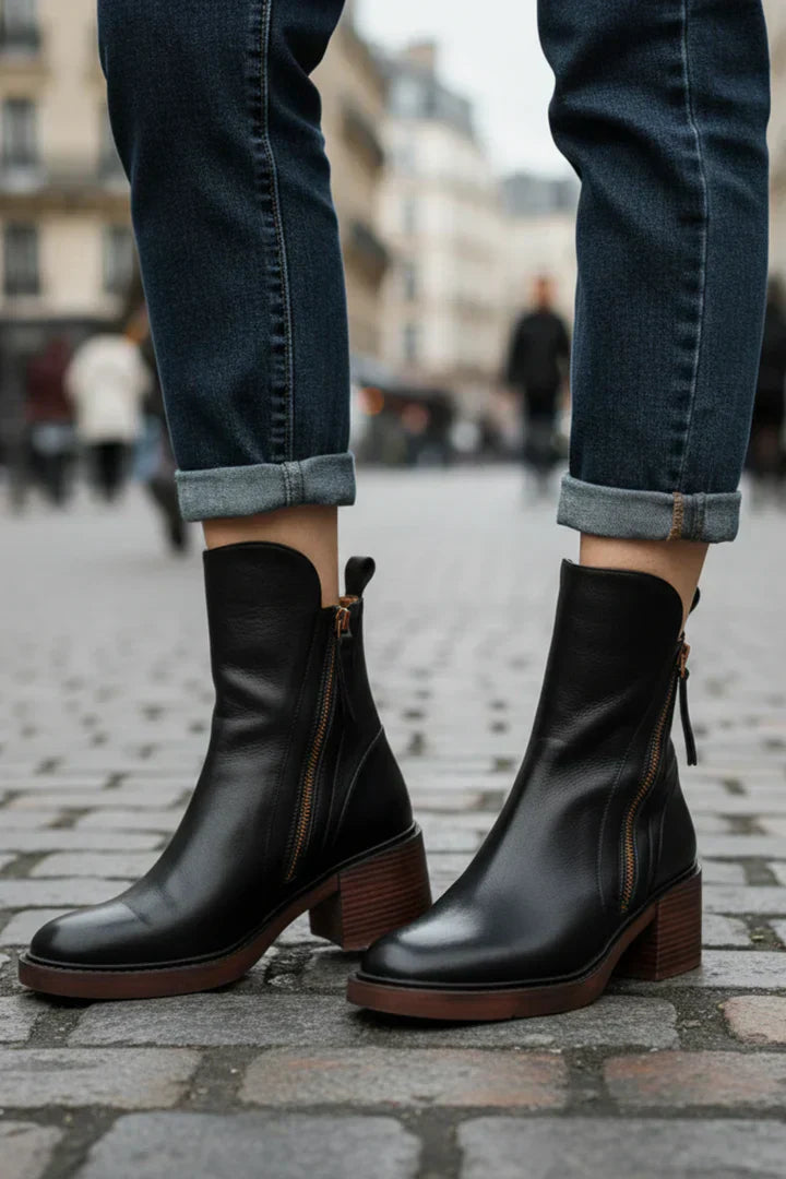 Valorine™ | Bota de piel negra con tacón cómodo, elegante y atemporal
