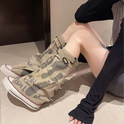 Botas planas de lona retro de media pantorrilla para mujer